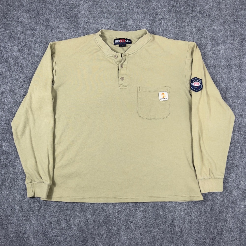 Bocomal Henley Shirt Mens Large Tan Flame Resistant FR CAT 2 Long Sleeve Pocket
